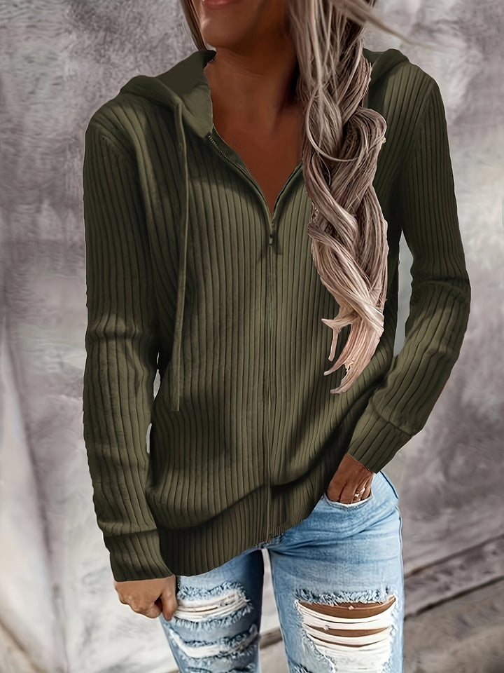 Tatjorina - Loose Fit Long Sleeve Ribbed Hooded Cardigan