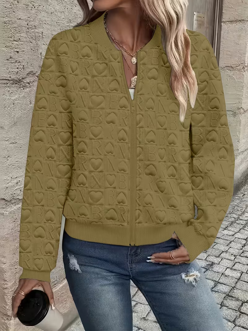 Mileisine - Embossed Heart Pattern Zip-Up Jacket