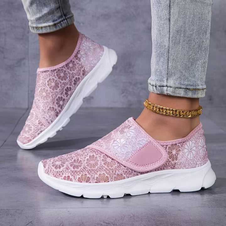 Linnine - Floral Lace Hook and Loop Sneakers