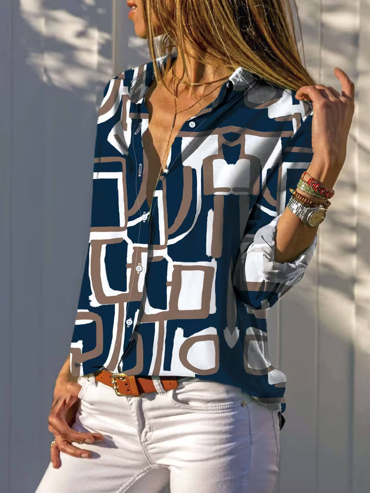 Vespia - Casual Geometric Print Chiffon Shirt