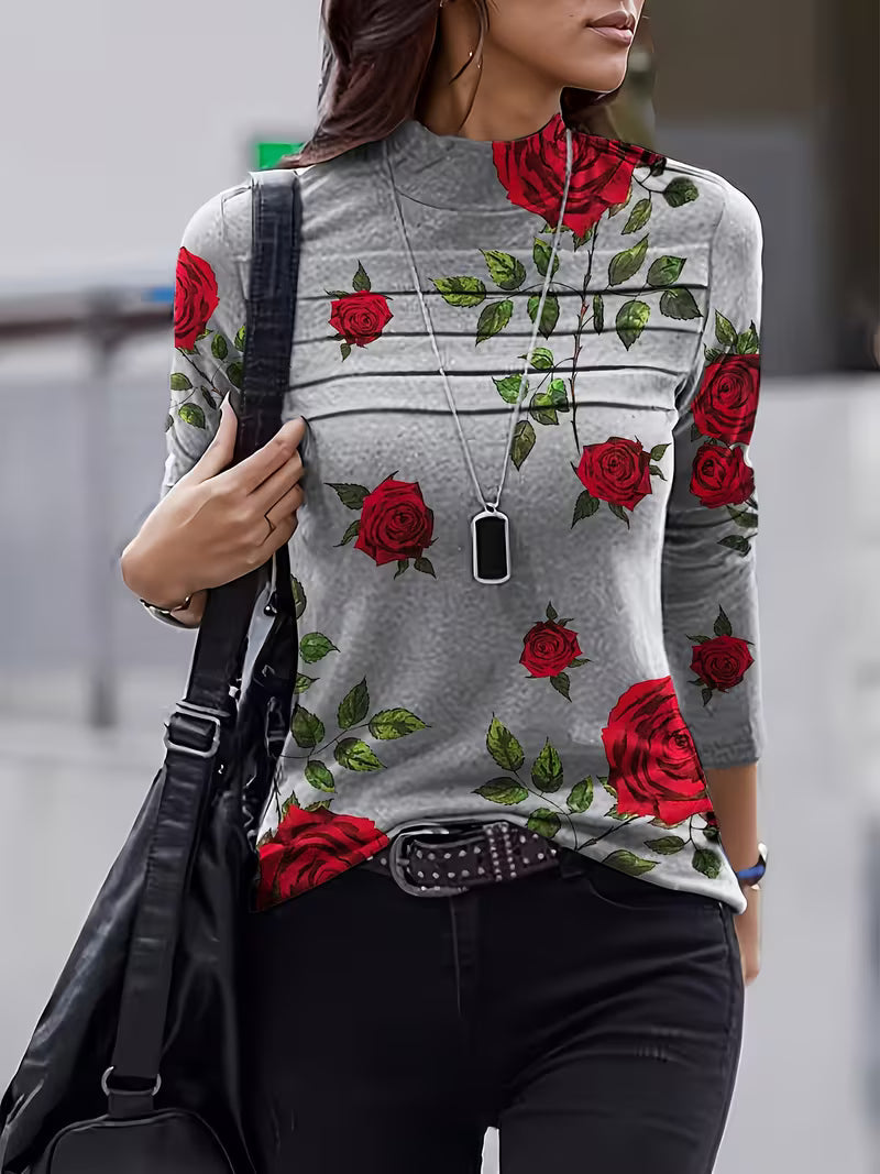 Gwenine - Floral Print Mock Neck Top