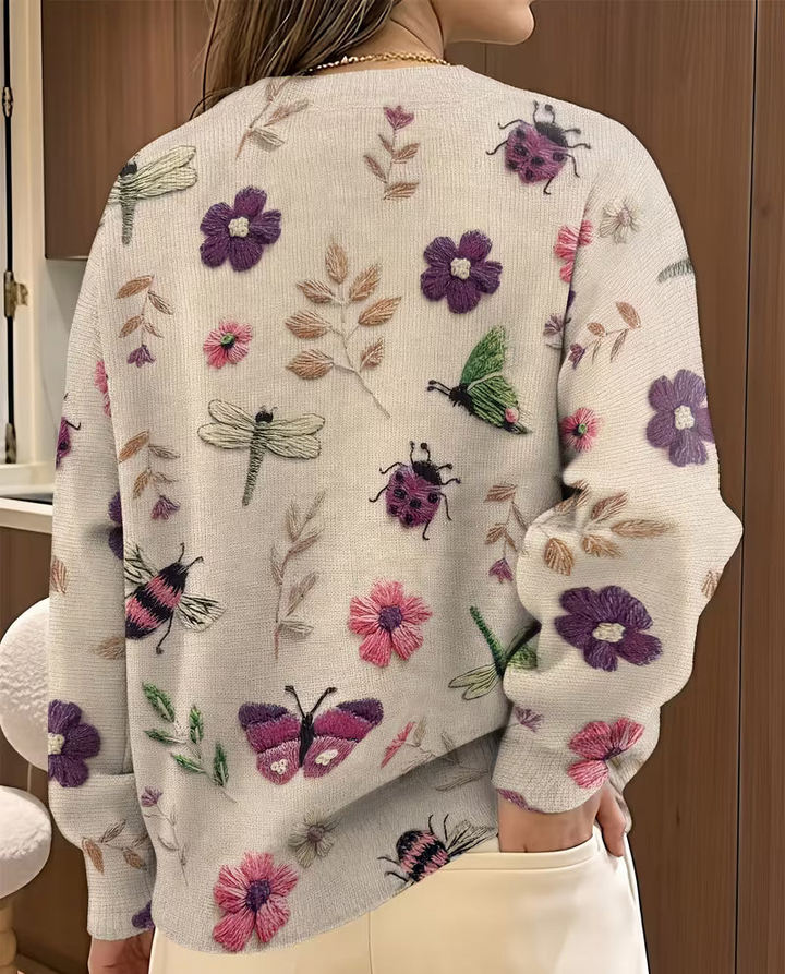 Soleilys - Casual Floral And Insect Print Sweater