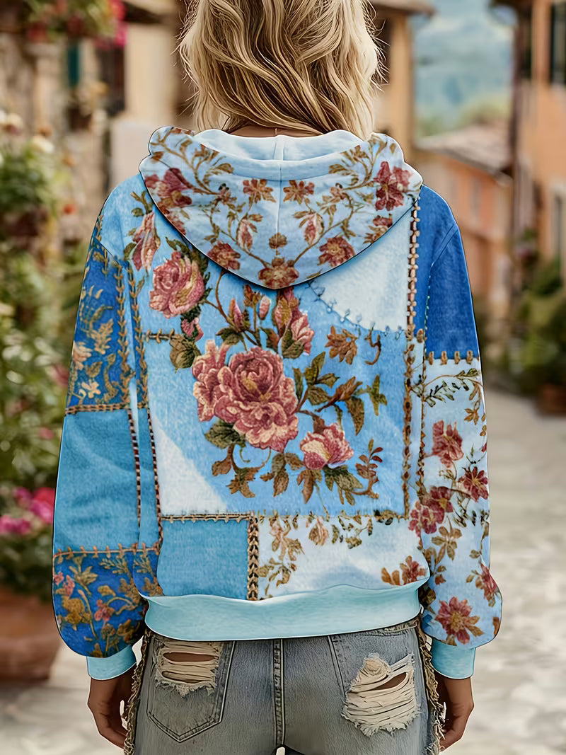 Zaneosica - Floral Patchwork Long Sleeve Hooded Top