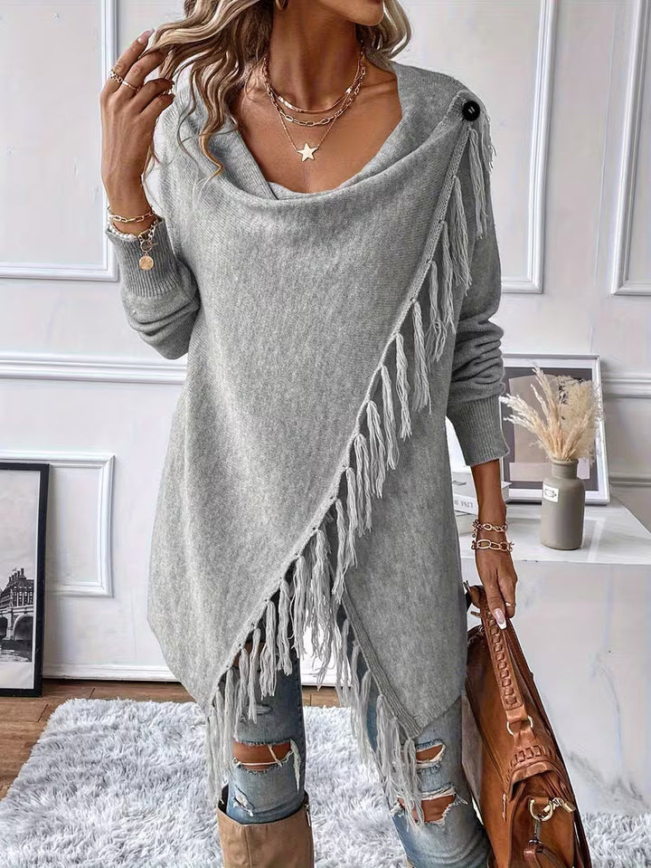 Theoaula - Draped Neck Cardigan With Fringed Trim