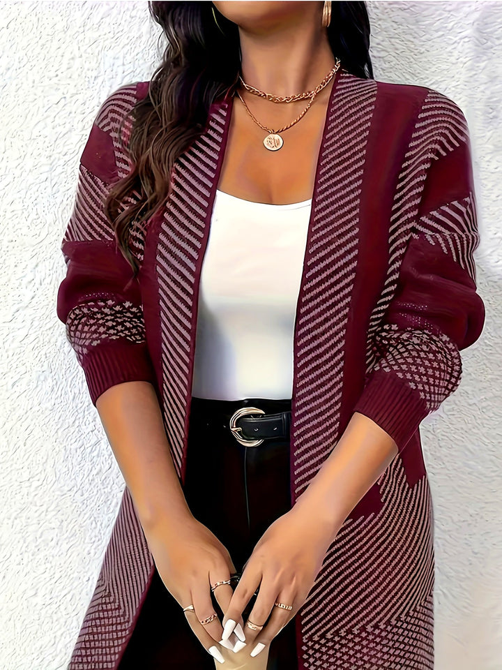 Liliyicia - Longline Geometric Knit Open Front Cardigan