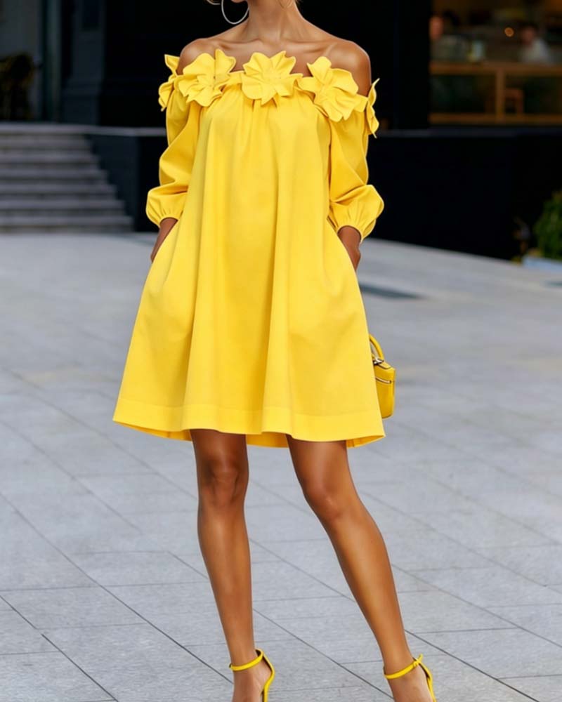 Loania - Floral Accent Off-Shoulder Dress