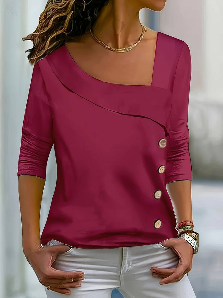 Chelsey - Asymmetrical Collar Button Decor T-Shirt