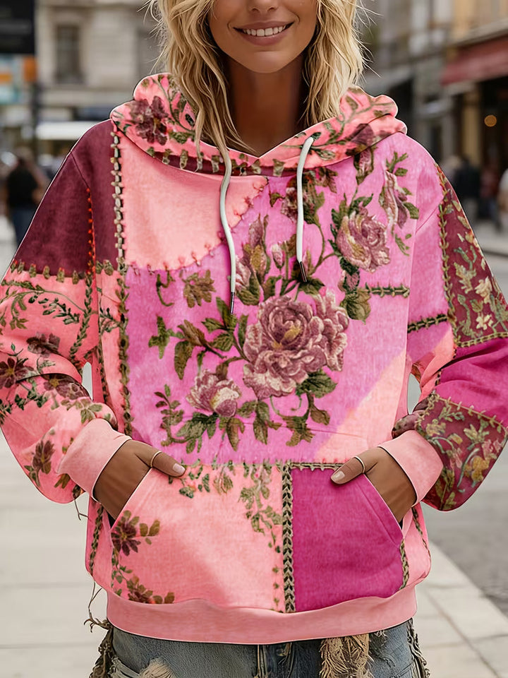 Zaneosica - Floral Patchwork Long Sleeve Hooded Top