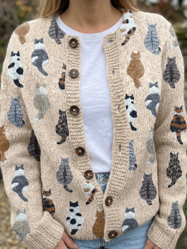 Ljubinka - Knitted Cardigan With Cats Print