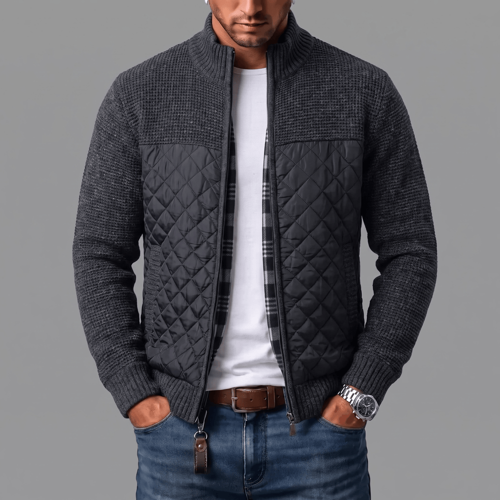 Spectorwave - Quilted Panel Full-Zip Knit Cardigan