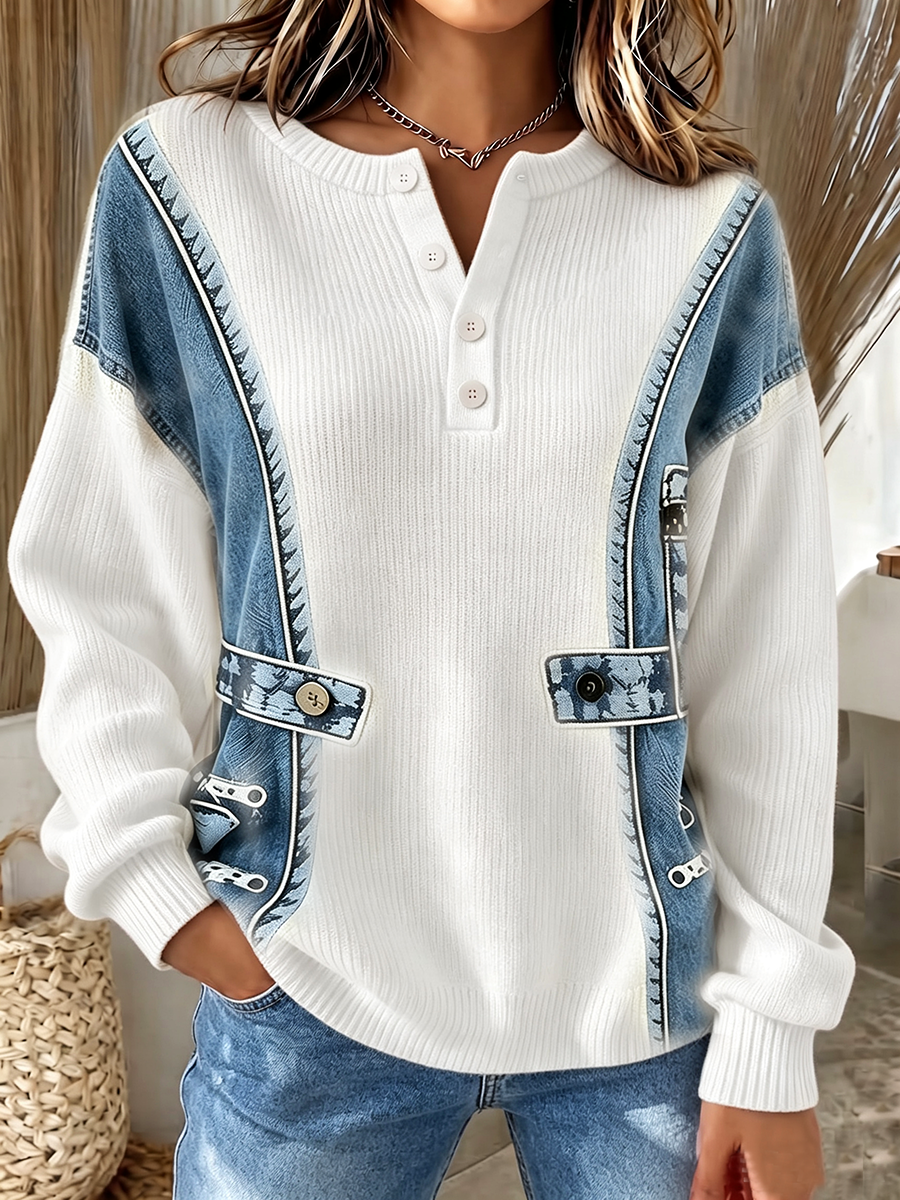 Saskena - Casual 3d Denim Print Knit Sweater