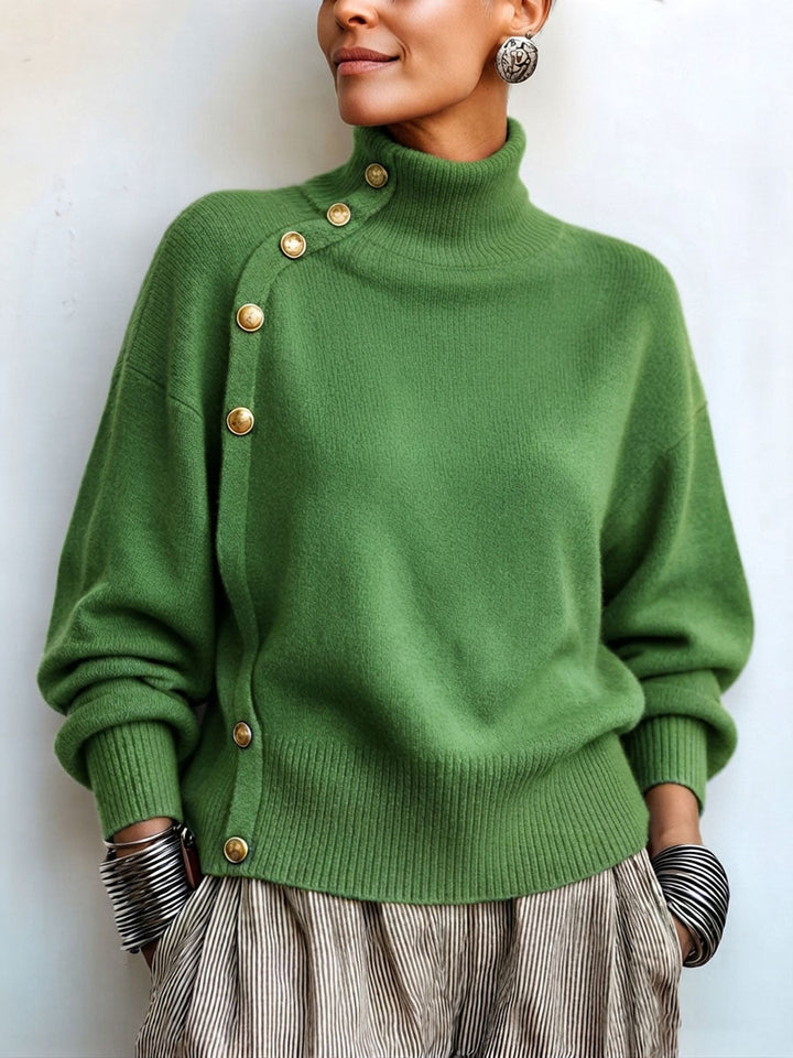 Idalisa - Turtleneck Button Trim Long Sleeve Sweater