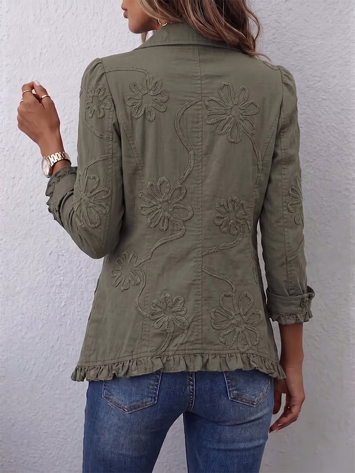 Loviita - Floral Embroidered Button-Front Ruffle Hem Jacket