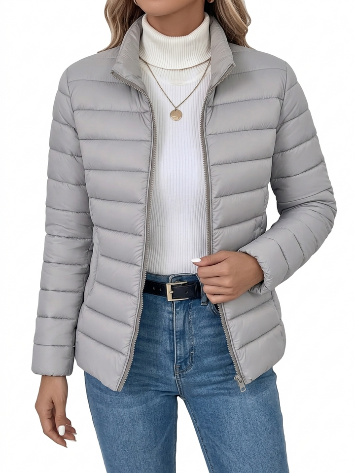 Renaetta - Quilted Stand Collar Zip Up Puffer Jacket