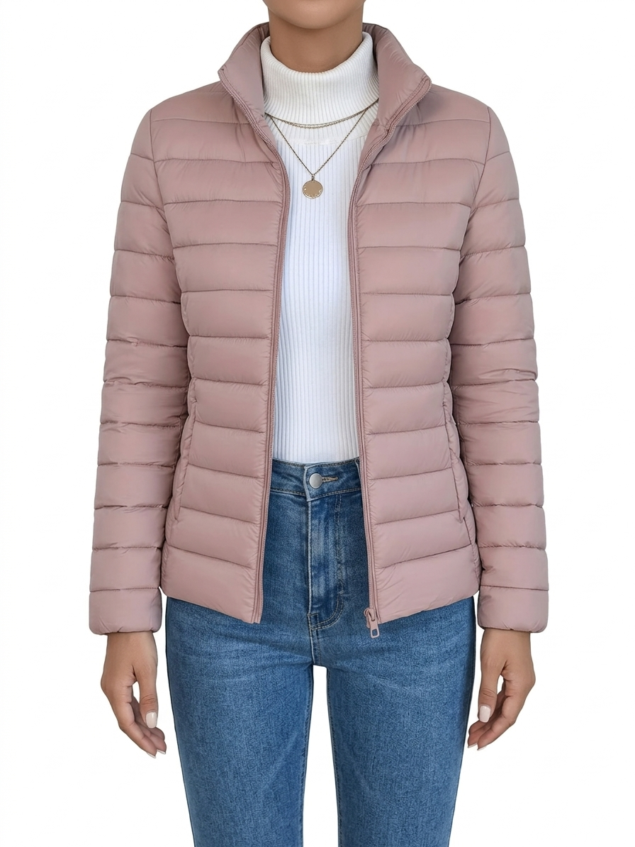 Renaetta - Quilted Stand Collar Zip Up Puffer Jacket