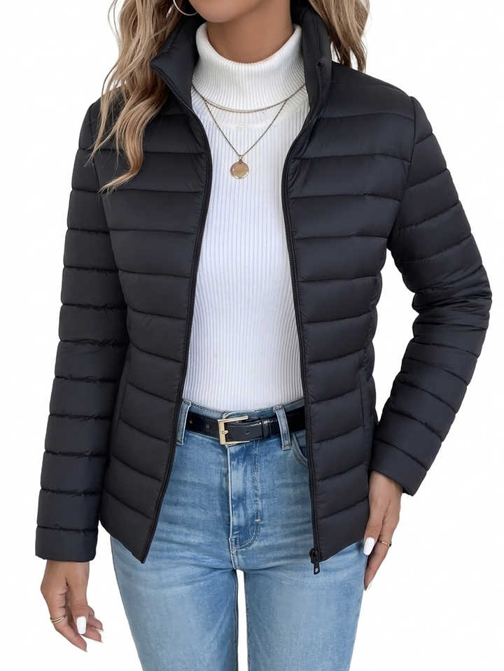 Renaetta - Quilted Stand Collar Zip Up Puffer Jacket