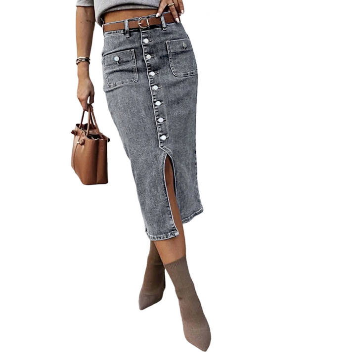 Ralisia - High Waisted Denim Skirt With Button