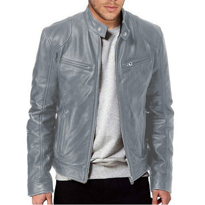 Dimitwin - Stand Collar Zip Up Leather Jacket