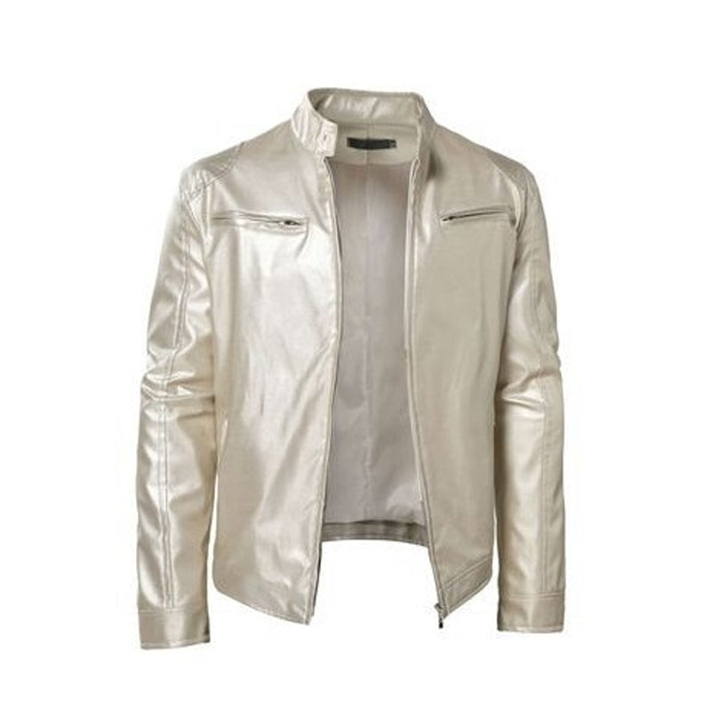 Dimitwin - Stand Collar Zip Up Leather Jacket