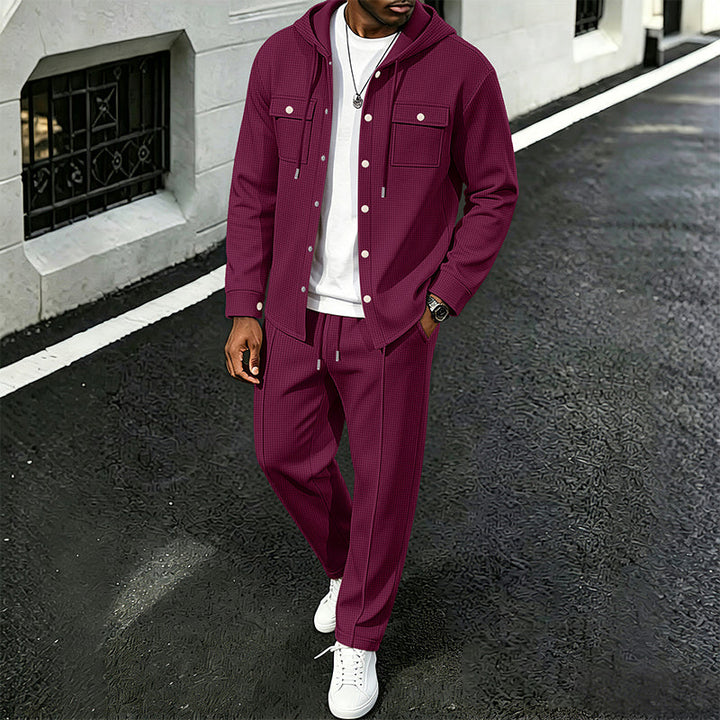 Zinuflow - Waffle Print Hooded Jacket And Pants Set