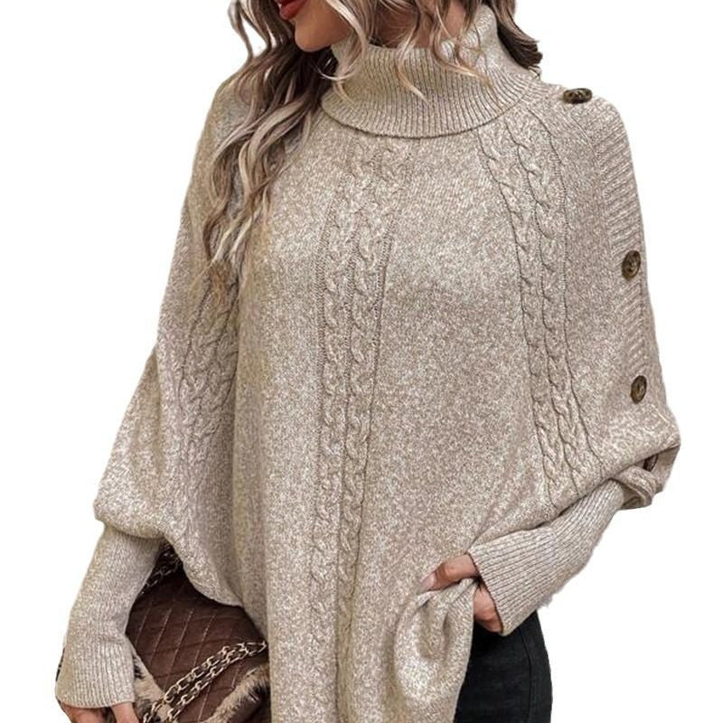 Marisois - Elegant High Neck Asymmetrical Hem Cape Sweater